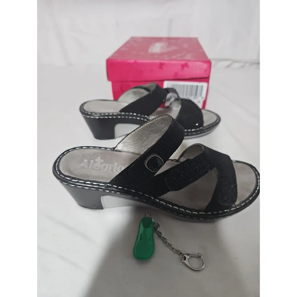 Alegria Loti Glitteroti Black Leather Triple Strap Wedge Sandals EU 38 Us 8m